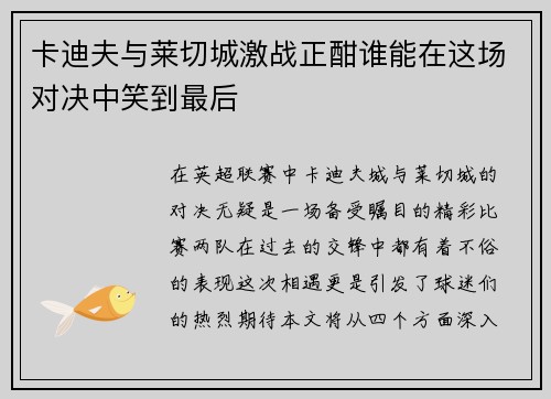 卡迪夫与莱切城激战正酣谁能在这场对决中笑到最后