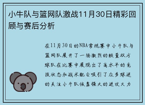 小牛队与篮网队激战11月30日精彩回顾与赛后分析